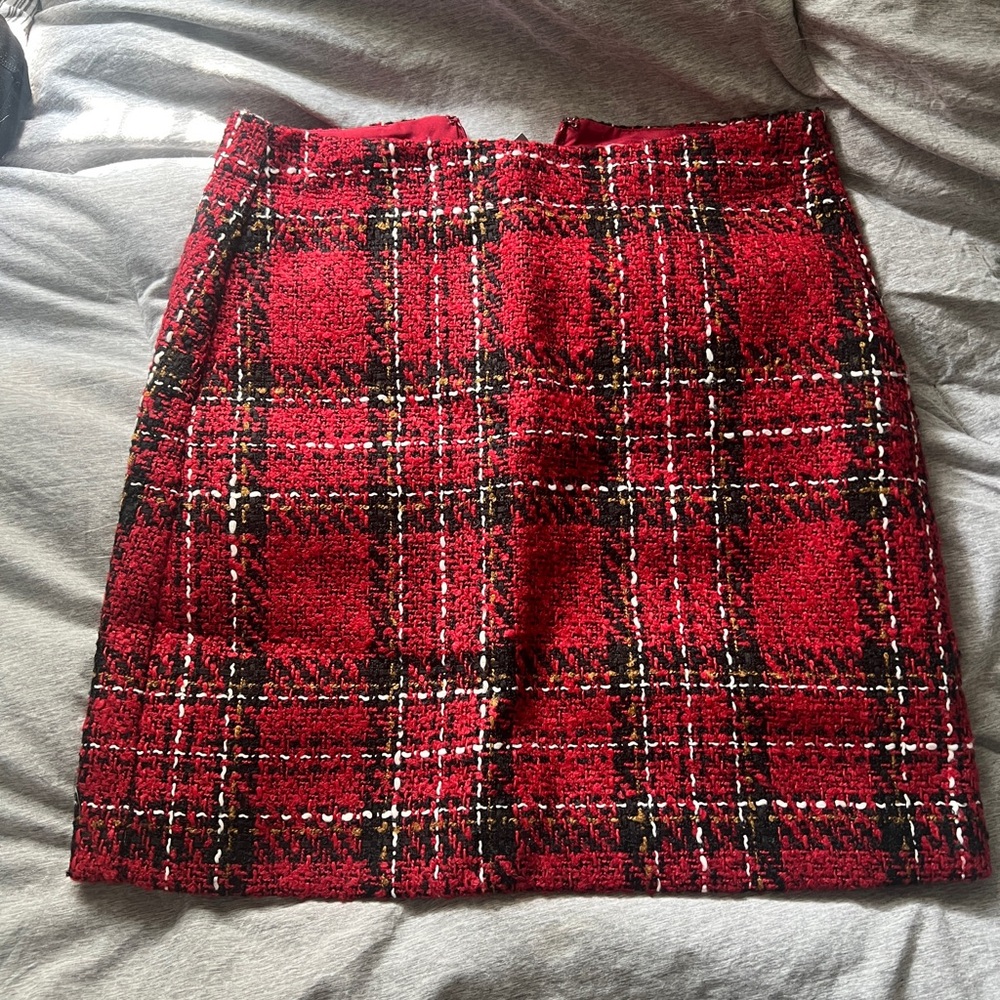 NWT 00 Petite Loft Tweed Skirt Red Plaid